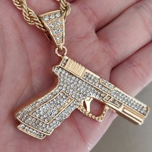 💥 18K Gold Plated Gun Pendant & 30" Rope Chain Necklace ⛓️ Hip Hop -#13